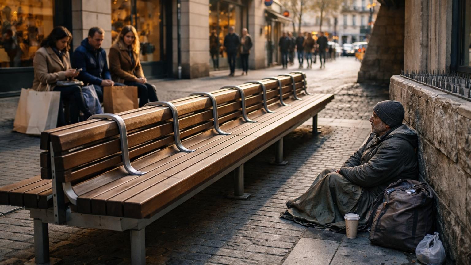 Gros plan sur un banc public avec une barre métallique en son centre, empêchant une personne de s'y allonger complètement.