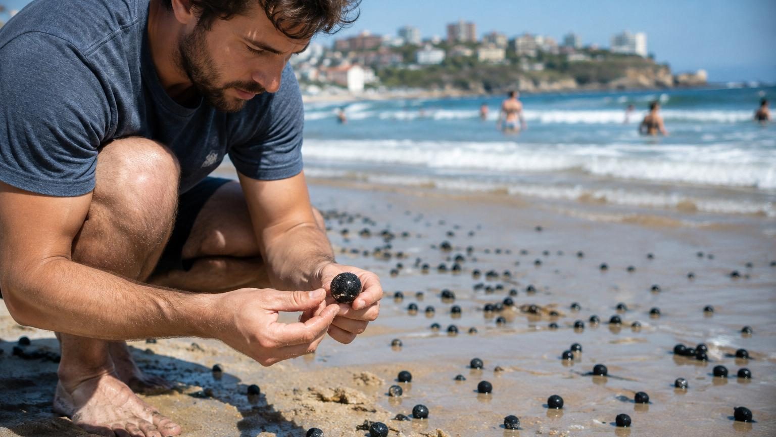 Plage de Sydney couverte de milliers de petites boules noires sur le sable, avec agents en combinaison de protection intégrale ramassant les débris.
