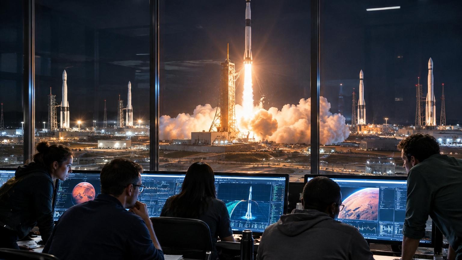 Illustration conceptuelle d'une fusée futuriste avec des éléments de réacteur nucléaire et des lignes de données d'intelligence artificielle émergeant vers Mars en arrière-plan.