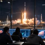 Illustration conceptuelle d'une fusée futuriste avec des éléments de réacteur nucléaire et des lignes de données d'intelligence artificielle émergeant vers Mars en arrière-plan.