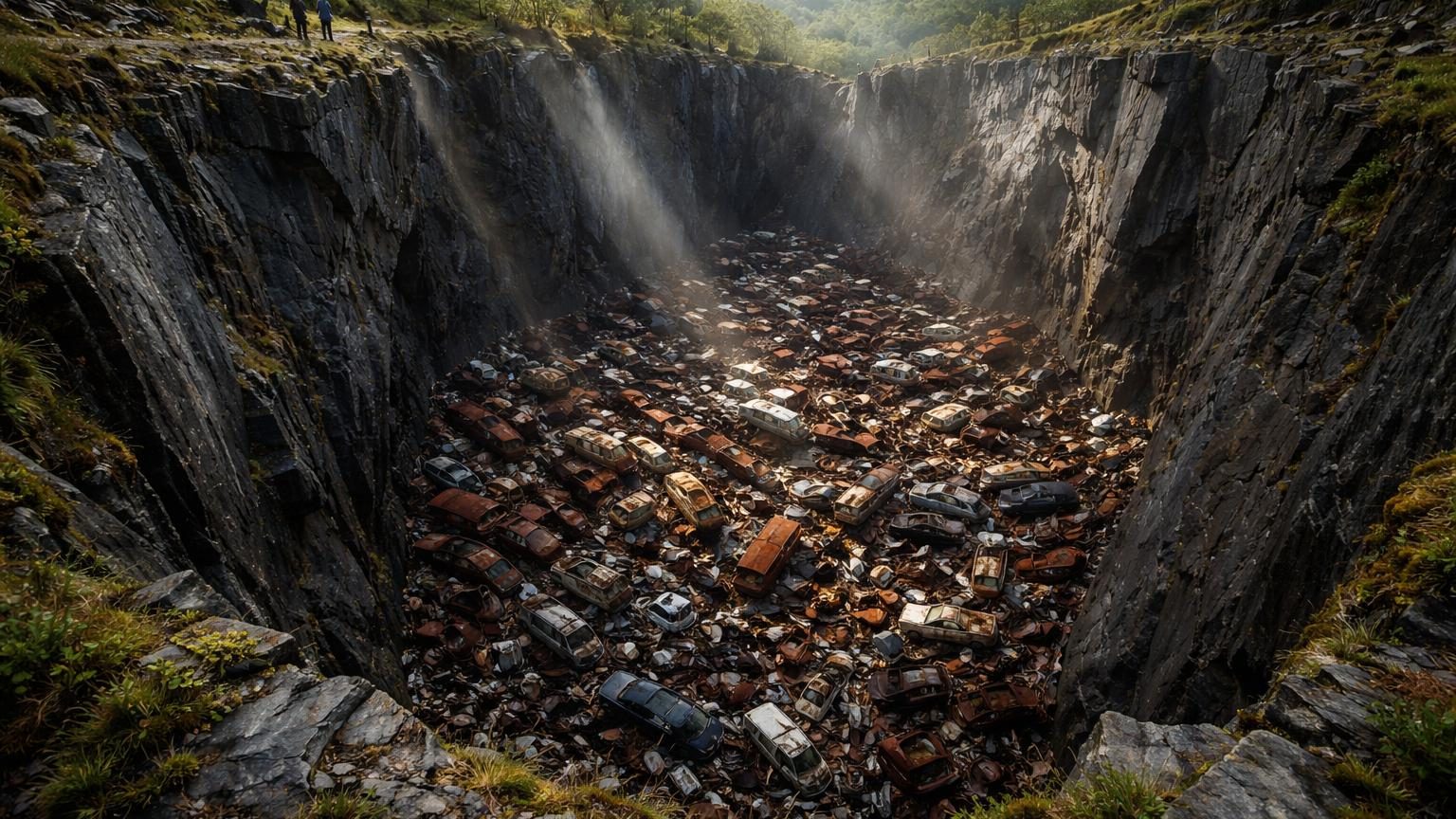 Gouffre profond aux parois d'ardoise grise rempli d'épaves de voitures rouillées et de métaux enchevêtrés, baigné par une lumière naturelle depuis le haut
