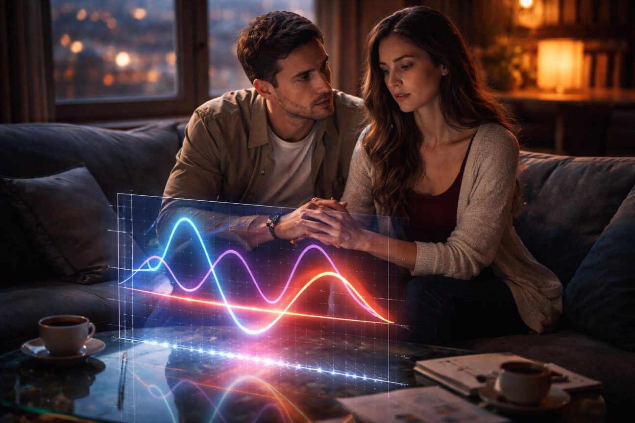 Deux silhouettes en regard l'une de l'autre entrelacées avec des formules mathématiques et des courbes graphiques symbolisant l'analyse scientifique d'une relation amoureuse.