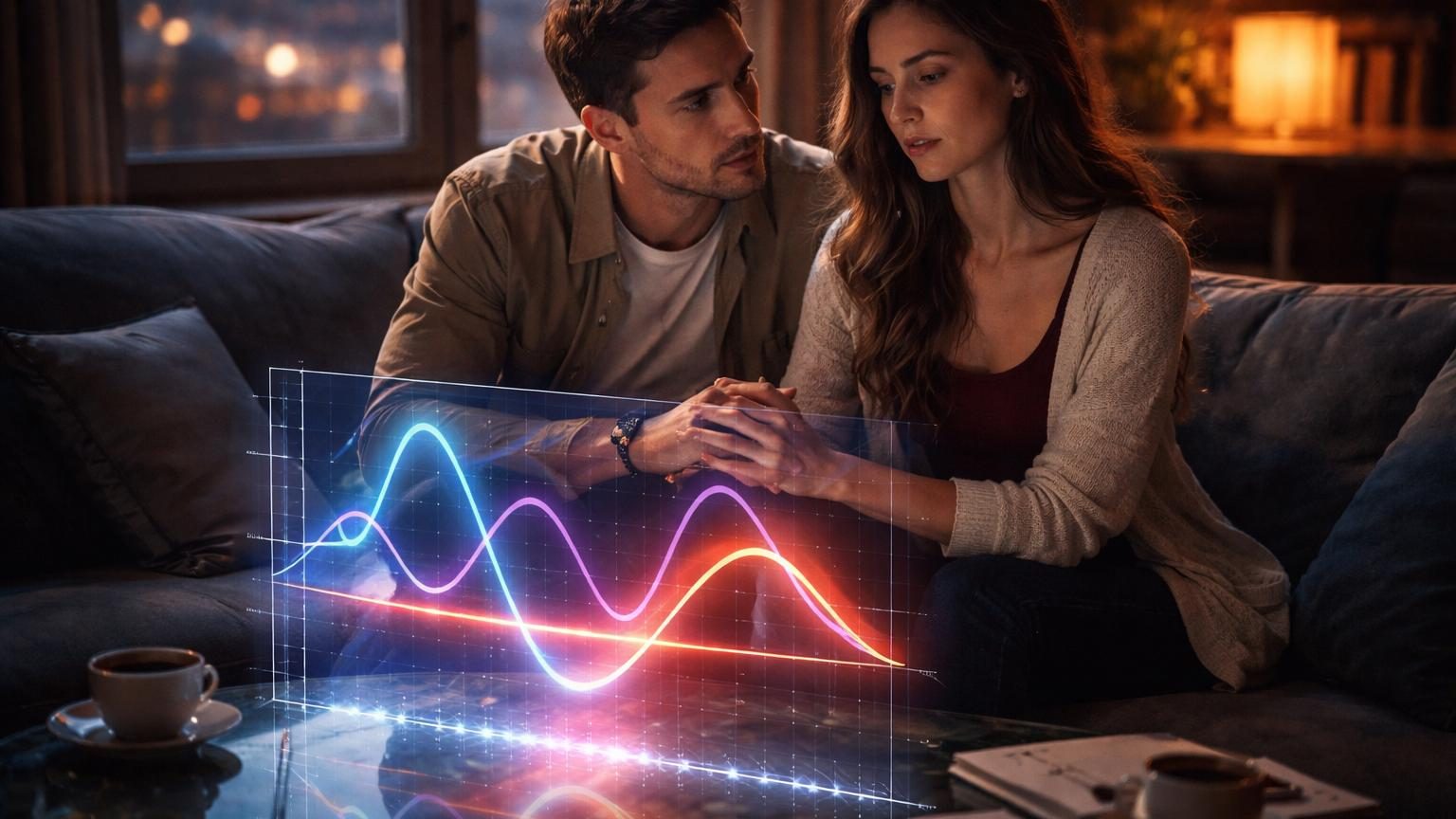 Deux silhouettes en regard l'une de l'autre entrelacées avec des formules mathématiques et des courbes graphiques symbolisant l'analyse scientifique d'une relation amoureuse.