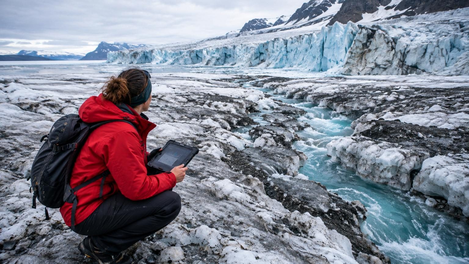 Vaste étendue de glace blanche et fissurée du Groenland avec zones bleues d'eau de fonte et formations glaciaires sous ciel nuageux.