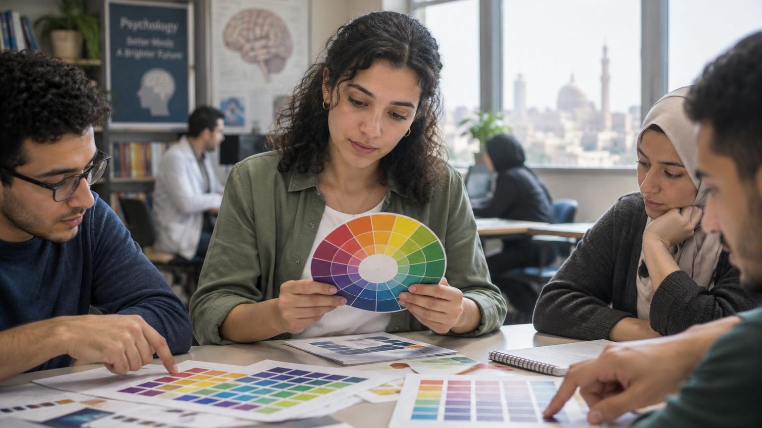 Palette de couleurs avec des nuances de bleu, rouge, orange, blanc et vert illustrant les associations psychologiques entre teintes et traits de personnalité