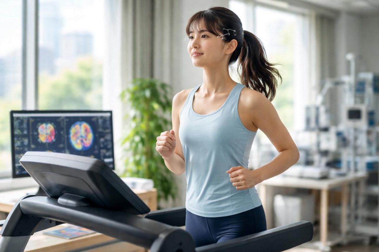 Jeune adulte en tenue de sport effectuant un jogging très lent sur un tapis roulant dans un laboratoire, entouré d'équipement scientifique de mesure de l'activité cérébrale.
