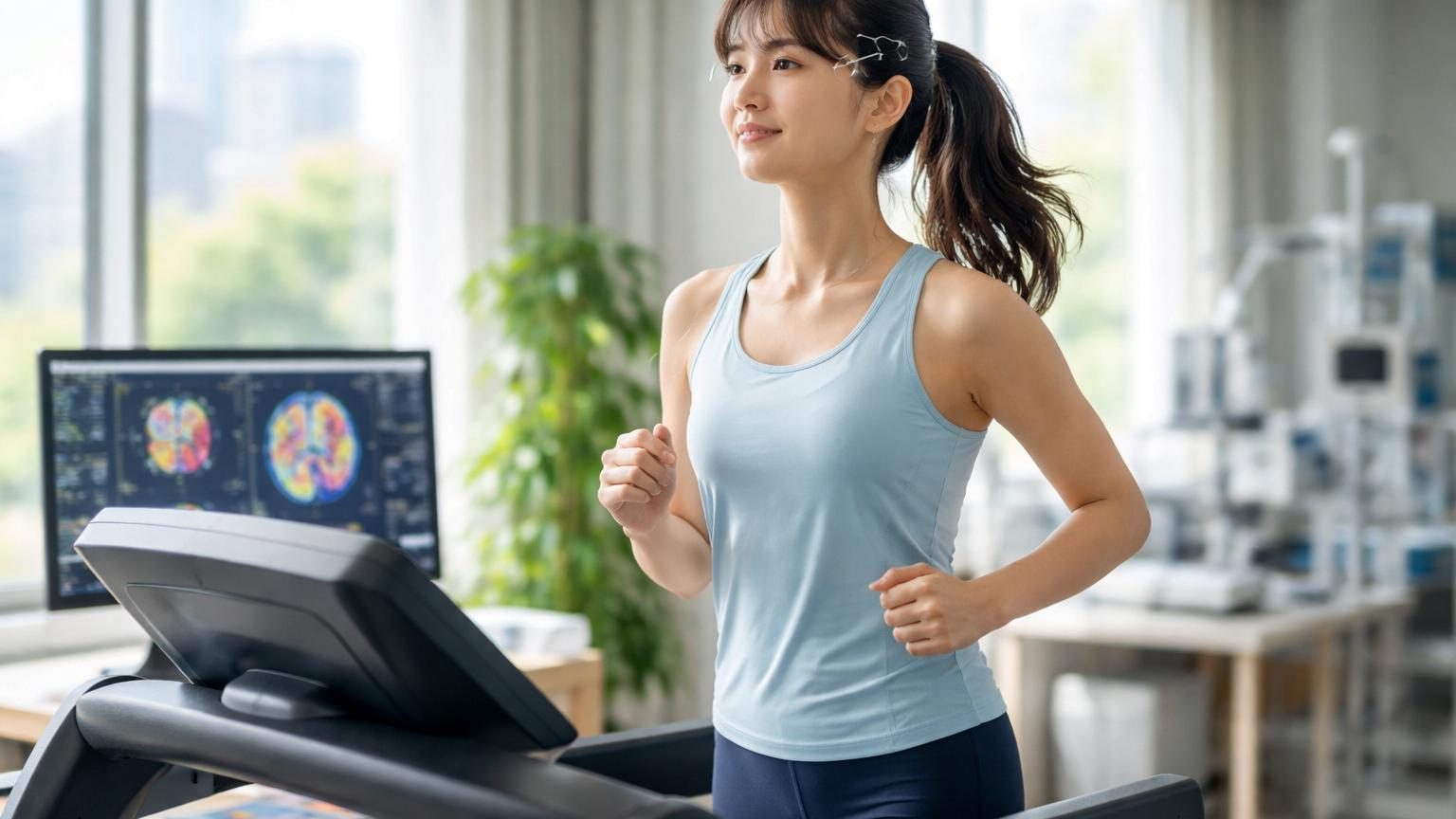 Jeune adulte en tenue de sport effectuant un jogging très lent sur un tapis roulant dans un laboratoire, entouré d'équipement scientifique de mesure de l'activité cérébrale.