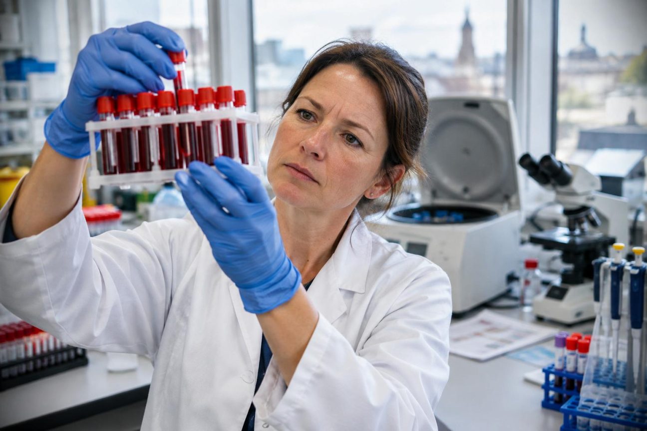 Représentation scientifique de globules rouges montrant des antigènes de surface et des marqueurs du groupe sanguin MAL.