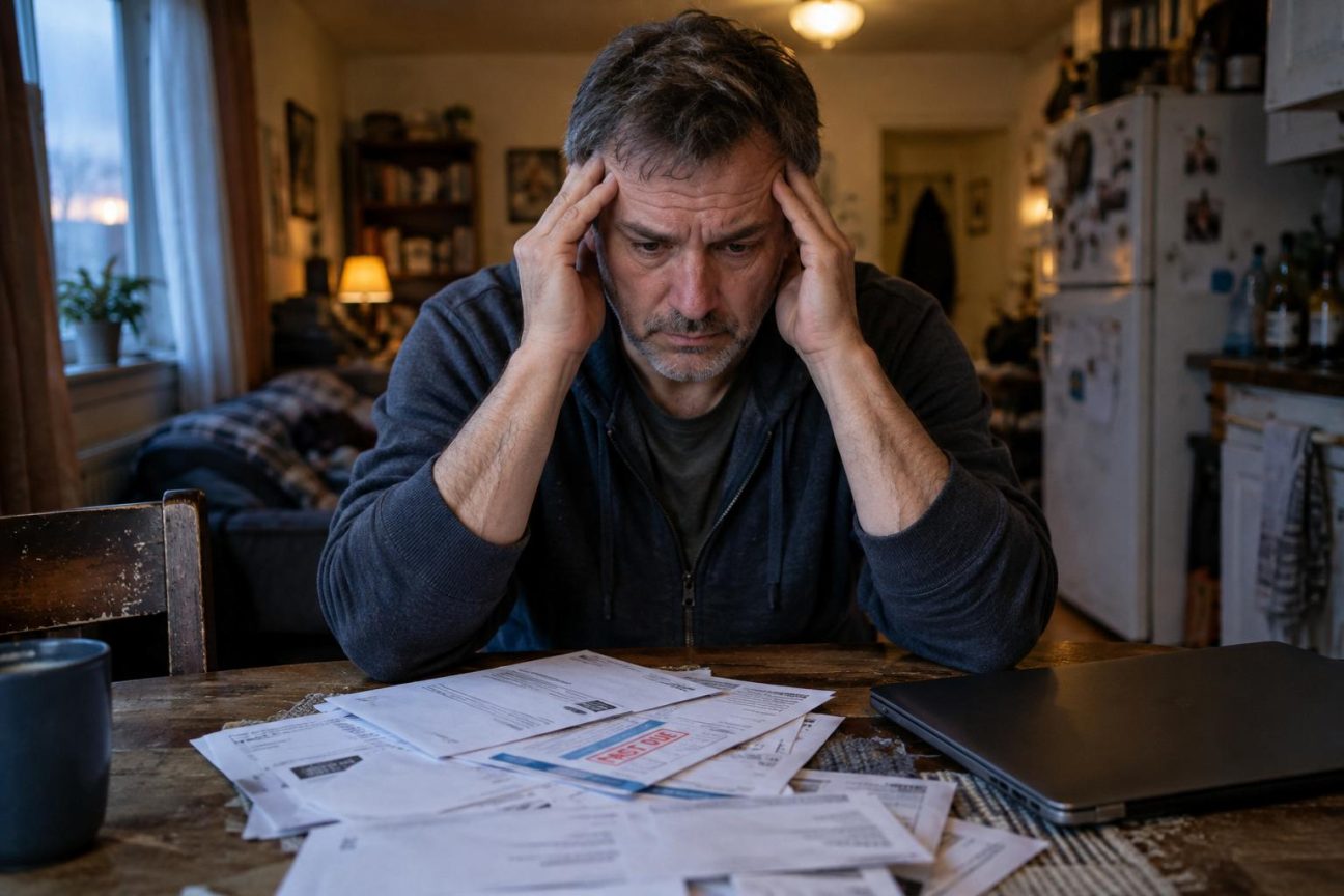 Illustration conceptuelle montrant un cerveau dont les zones s'estompent progressivement, avec des symboles d'argent et de stress financier en arrière-plan, représentant l'impact du stress économique chronique sur la santé cérébrale.