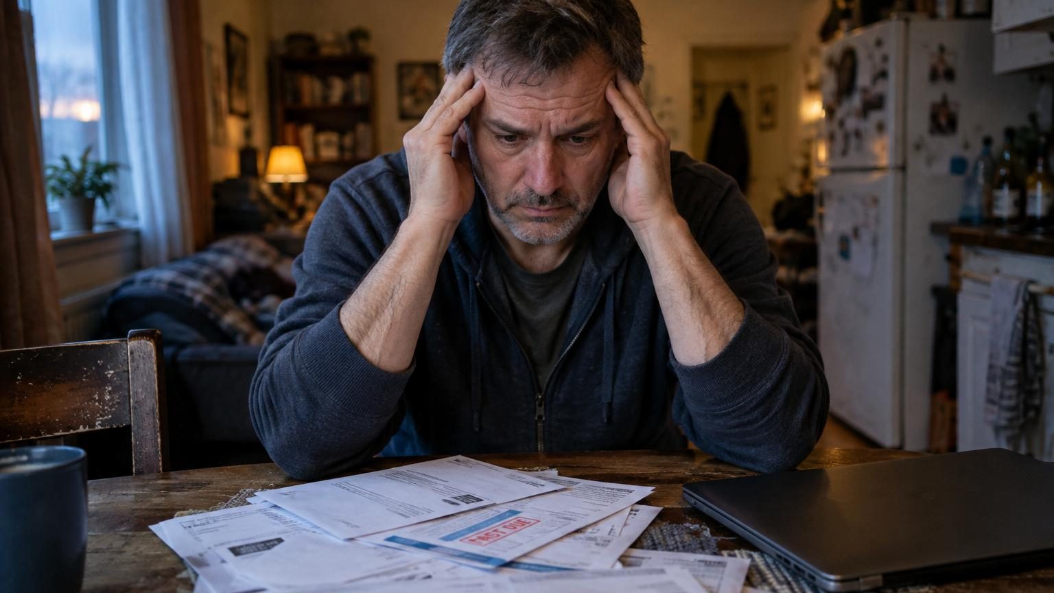 Illustration conceptuelle montrant un cerveau dont les zones s'estompent progressivement, avec des symboles d'argent et de stress financier en arrière-plan, représentant l'impact du stress économique chronique sur la santé cérébrale.
