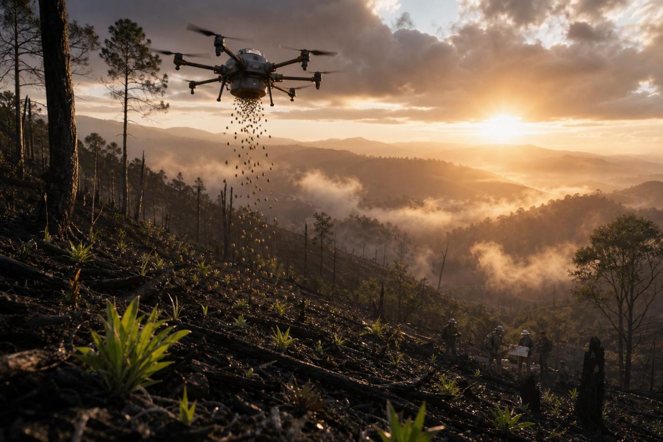 Un drone survole une colline noircie par les flammes et larguent des capsules de graines sur un sol brun et encore fumant par endroits.
