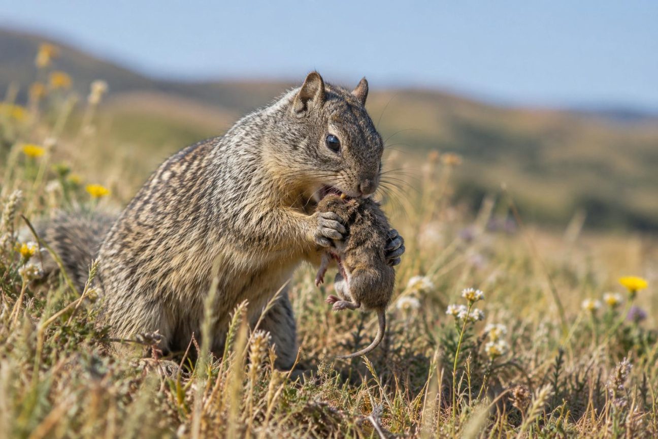 Un écureuil terrestre de Californie au pelage gris brun poursuivant un petit campagnol dans l'herbe verte d'une prairie.