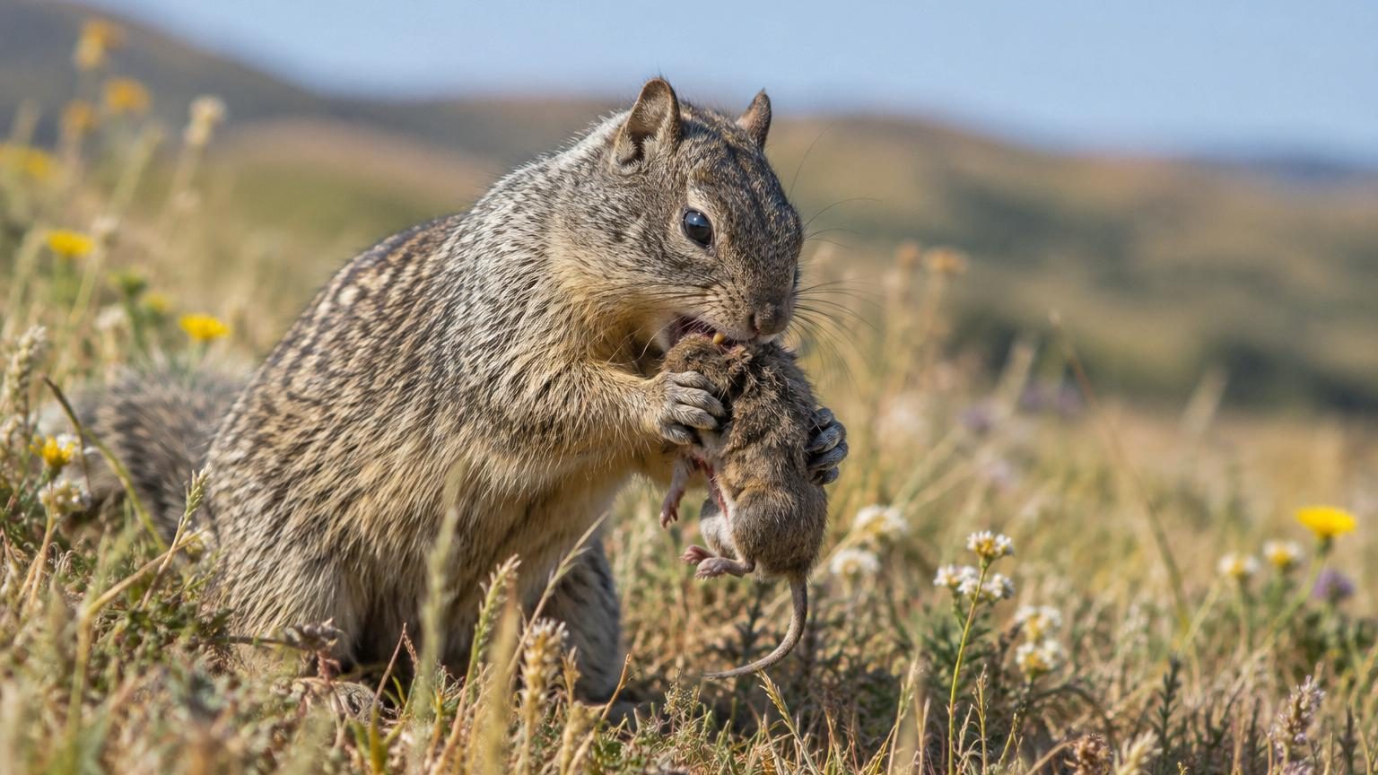 Un écureuil terrestre de Californie au pelage gris brun poursuivant un petit campagnol dans l'herbe verte d'une prairie.