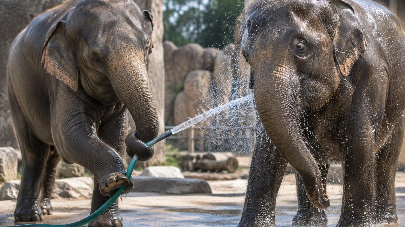 Deux éléphantes d'Asie se douchent avec un tuyau d'arrosage au zoo de Berlin, l'une manipulant l'outil avec ingéniosité.