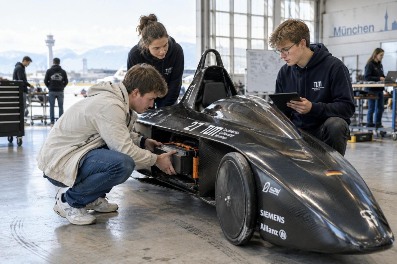 Prototype automobile minimaliste monoplace de couleur jaune et noire, aux formes effilées en goutte d'eau, exposé dans un hangar lors d'une tentative de record d'autonomie électrique.