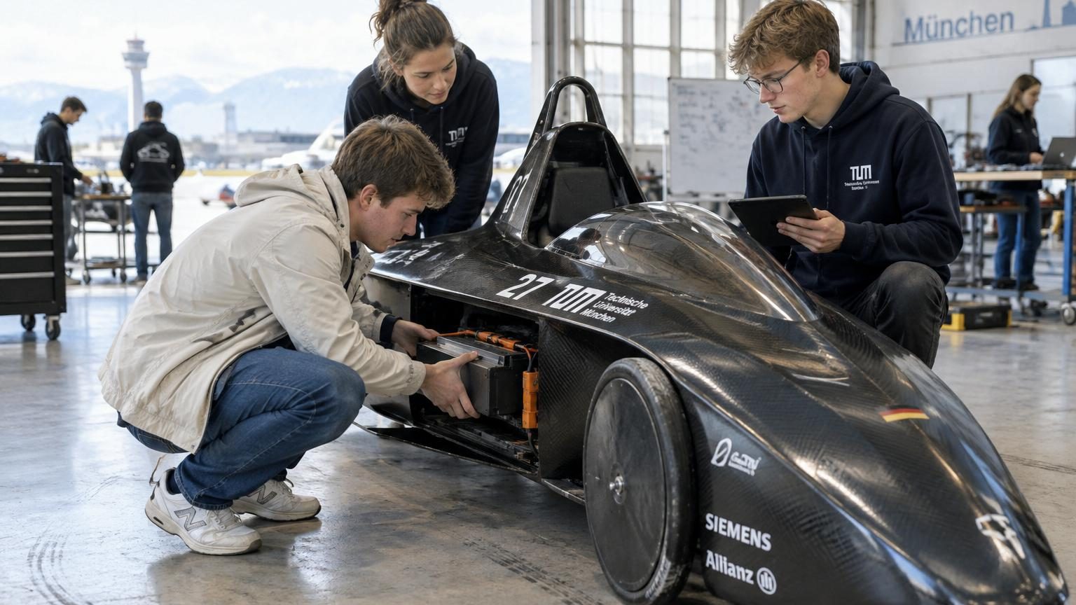 Prototype automobile minimaliste monoplace de couleur jaune et noire, aux formes effilées en goutte d'eau, exposé dans un hangar lors d'une tentative de record d'autonomie électrique.