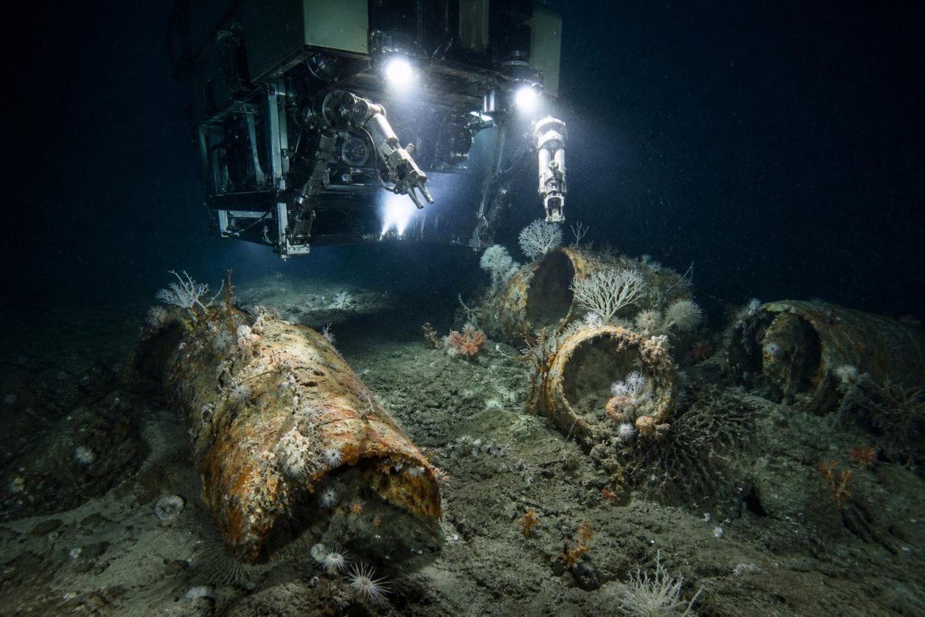 Robot sous-marin photographiant un fût de déchets radioactifs corrodé, couvert d'organismes marins, immergé à 4 000 mètres de profondeur dans l'Atlantique Nord-Est.