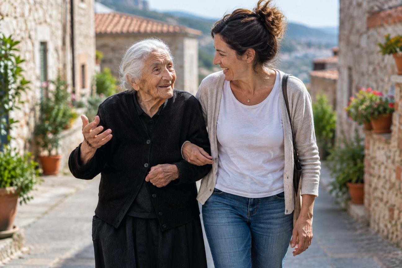Portrait d'une personne âgée souriante en Italie, symbolisant la longévité, avec des éléments visuels suggerant l'héritage génétique préhistorique et le bien-être.