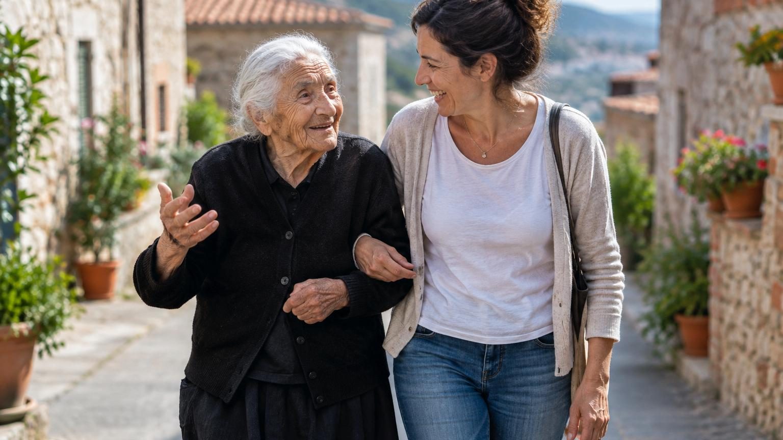 Portrait d'une personne âgée souriante en Italie, symbolisant la longévité, avec des éléments visuels suggerant l'héritage génétique préhistorique et le bien-être.