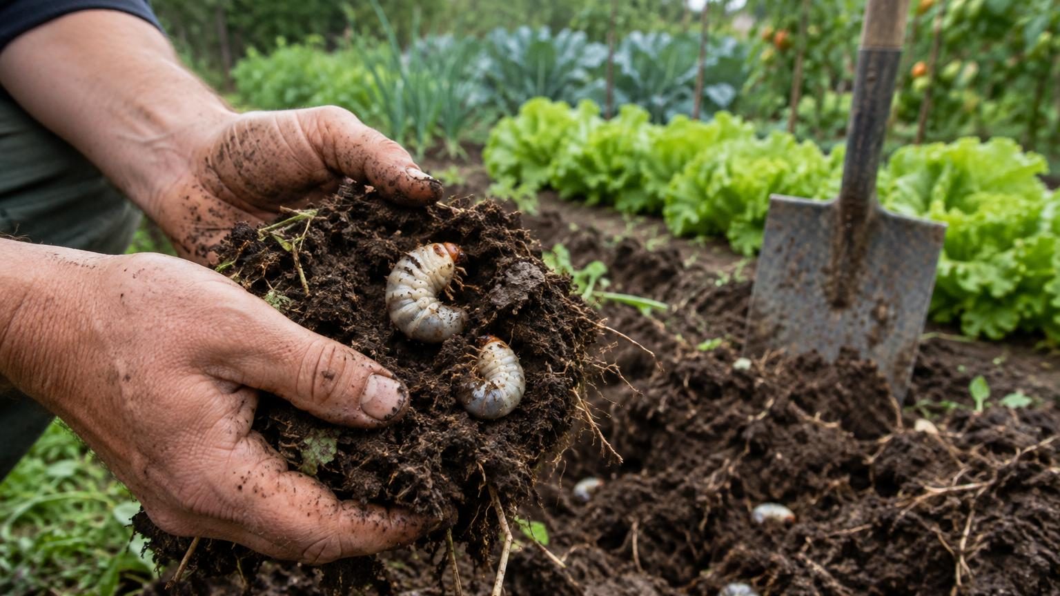 Gros plan sur une larve blanche recroquevillée dans la terre noire d'un potager retourné à la bêche