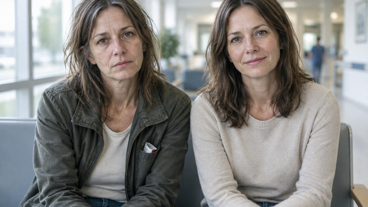 Comparaison en gros plan de deux visages de jumeaux identiques, l'un montrant les signes visibles de vieillissement causés par le tabagisme (rides, poches, peau terne) et l'autre affichant une peau plus jeune et ferme sans tabagisme.