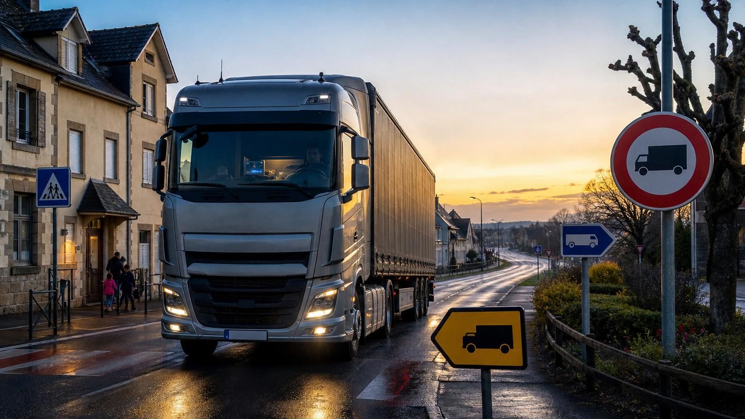 Camion semi-remorque circulant sur une route départementale humide au petit matin, phares allumés, illustrant les enjeux de circulation des poids lourds avant les nouvelles interdictions de juin 2026.