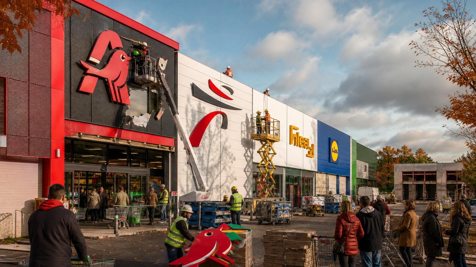 Façade d'un supermarché Auchan avec logo de l'enseigne, prête à être transformée en magasin Intermarché, Netto ou Lidl dans le cadre de la réorganisation du réseau.