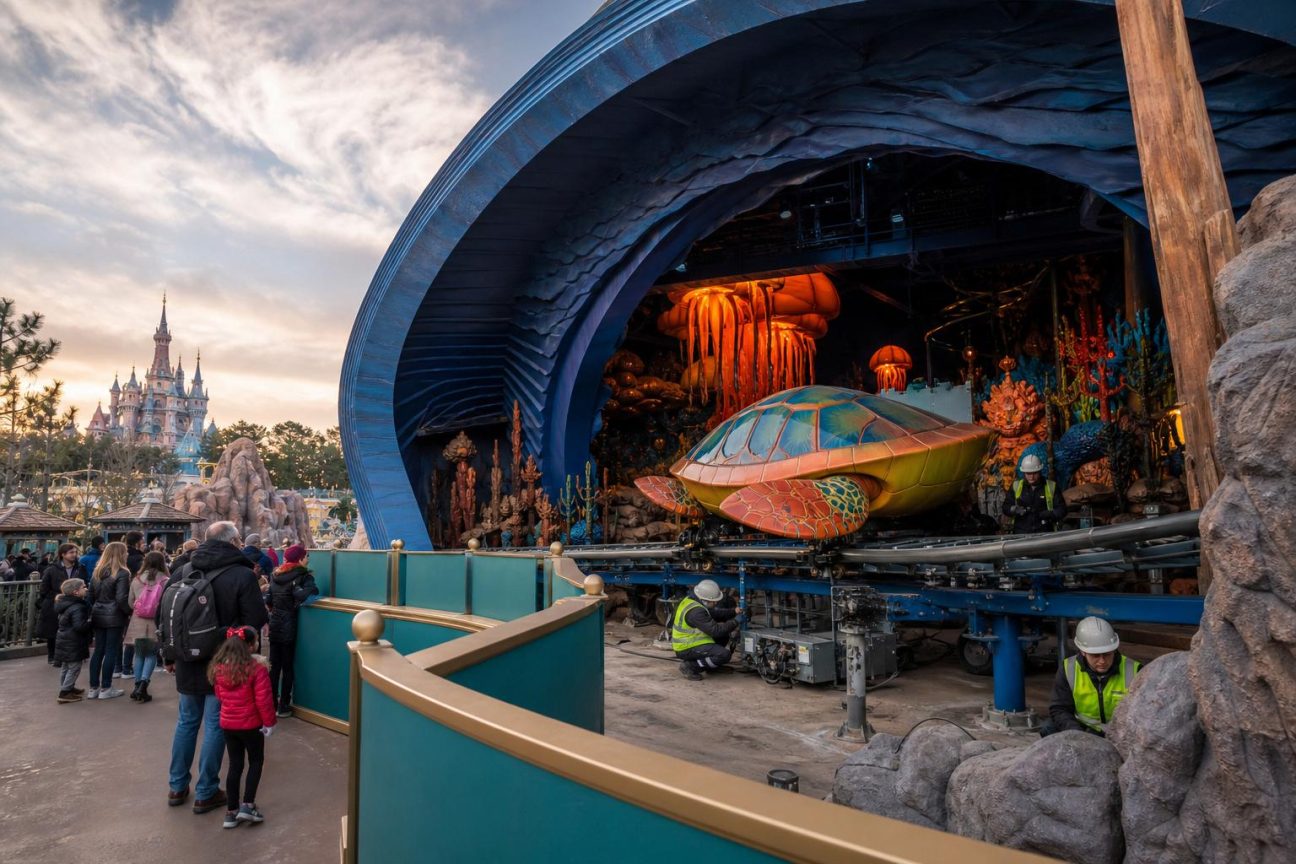 Vue intérieure de l'attraction du Monde de Nemo avec ses véhicules en forme de carapaces circulant dans un décor océanique illuminé en bleu et orange.