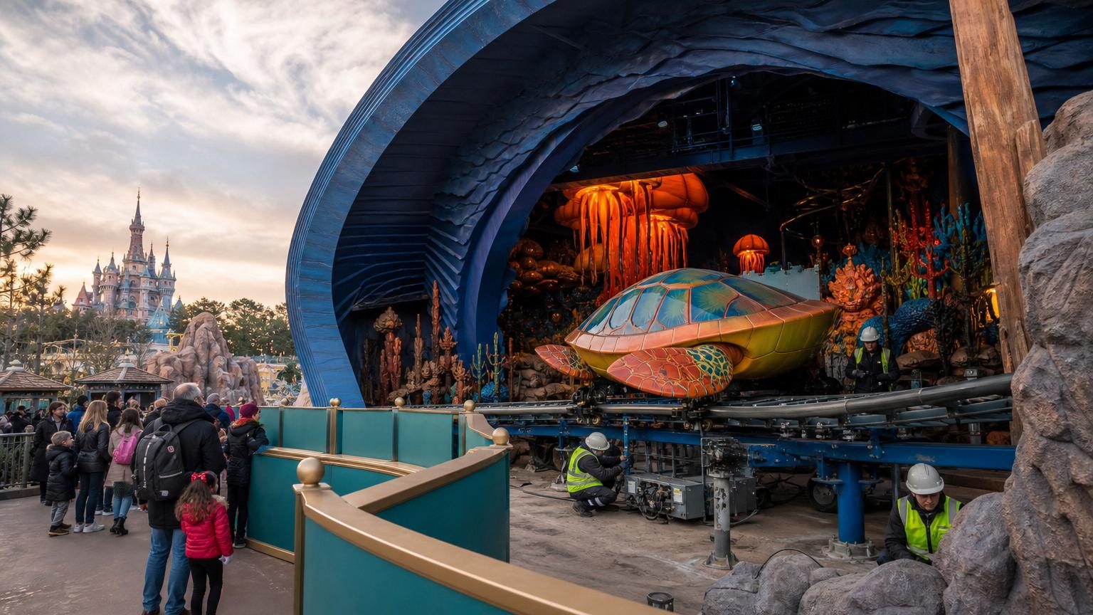 Vue intérieure de l'attraction du Monde de Nemo avec ses véhicules en forme de carapaces circulant dans un décor océanique illuminé en bleu et orange.