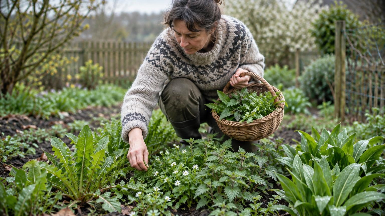Tapis de petites herbes sauvages vertes poussant sur un sol humide de jardin, avec feuilles de mouron des oiseaux et jeunes rosettes de pissenlit visibles au printemps précoce.
