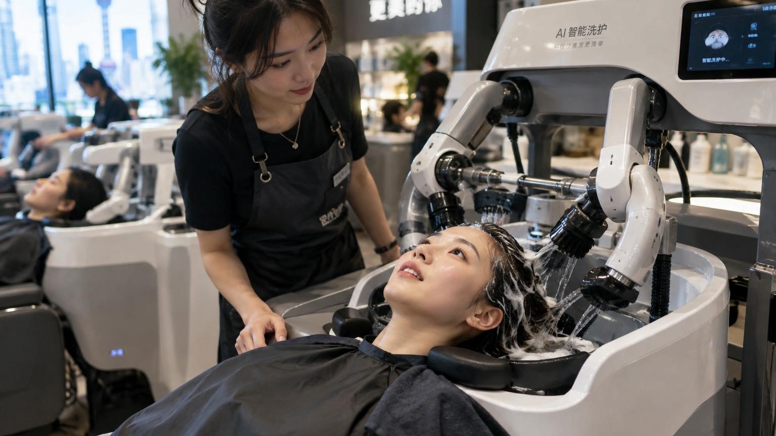 Machine à shampoing automatisée avec IA dans un salon de coiffure chinois : un client place sa tête dans une cuve tandis que l'appareil effectue le lavage et le rinçage.