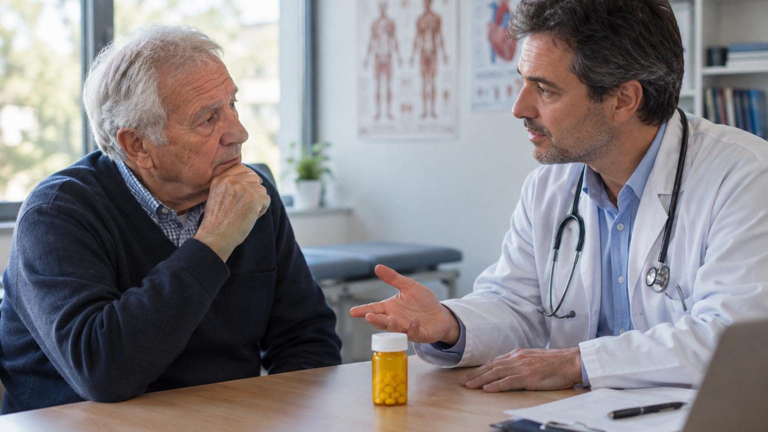 Un homme âgé de 74 ans tient une petite boîte de statines en écoutant attentivement son médecin généraliste lui expliquer les résultats d'une étude sur l'arrêt du traitement chez les seniors.