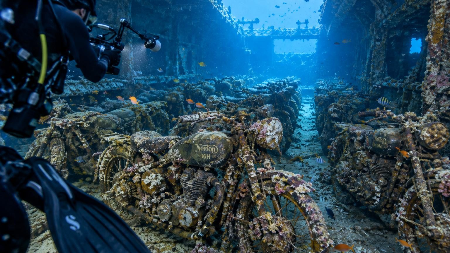 Motos Norton 16H alignées au fond de la mer, recouvertes de coraux et d'algues, entourées de poissons, dans l'épave du cargo britannique SS Thistlegorm en mer Rouge