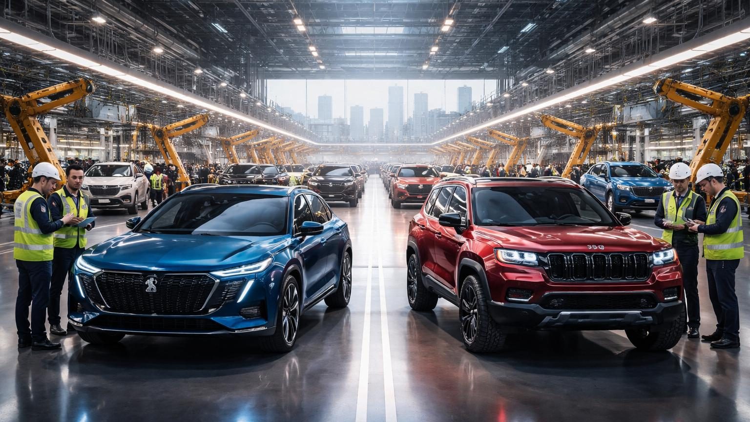 Illustration montrant une Peugeot électrique moderne aux lignes épurées stationnée devant l'usine Dongfeng de Wuhan en Chine, symboli sant le partenariat de production entre Stellantis et Dongfeng