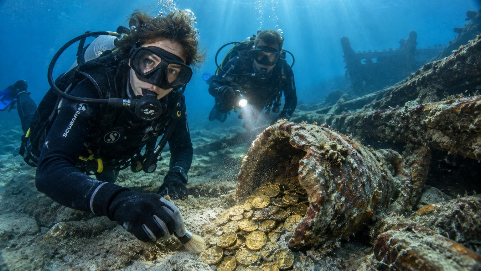 Plongeurs explorant une épave sous-marine byzantine entourée d'objets en or et de vestiges archéologiques en Adriatique