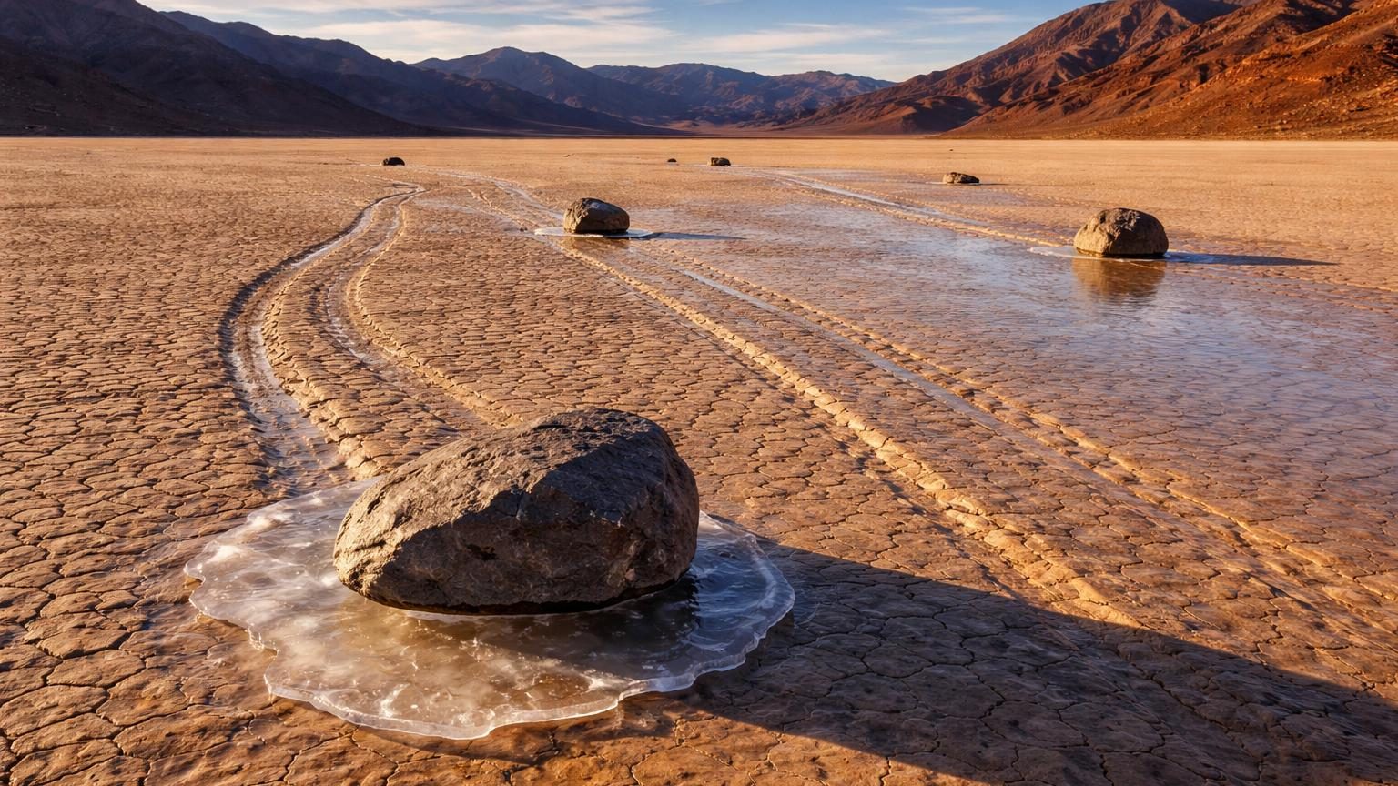 Rochers massifs sur une surface plate et desséchée du désert, entourés de profondes traces sinueuses dans la boue, illustrant le mystère géologique de Racetrack Playa.