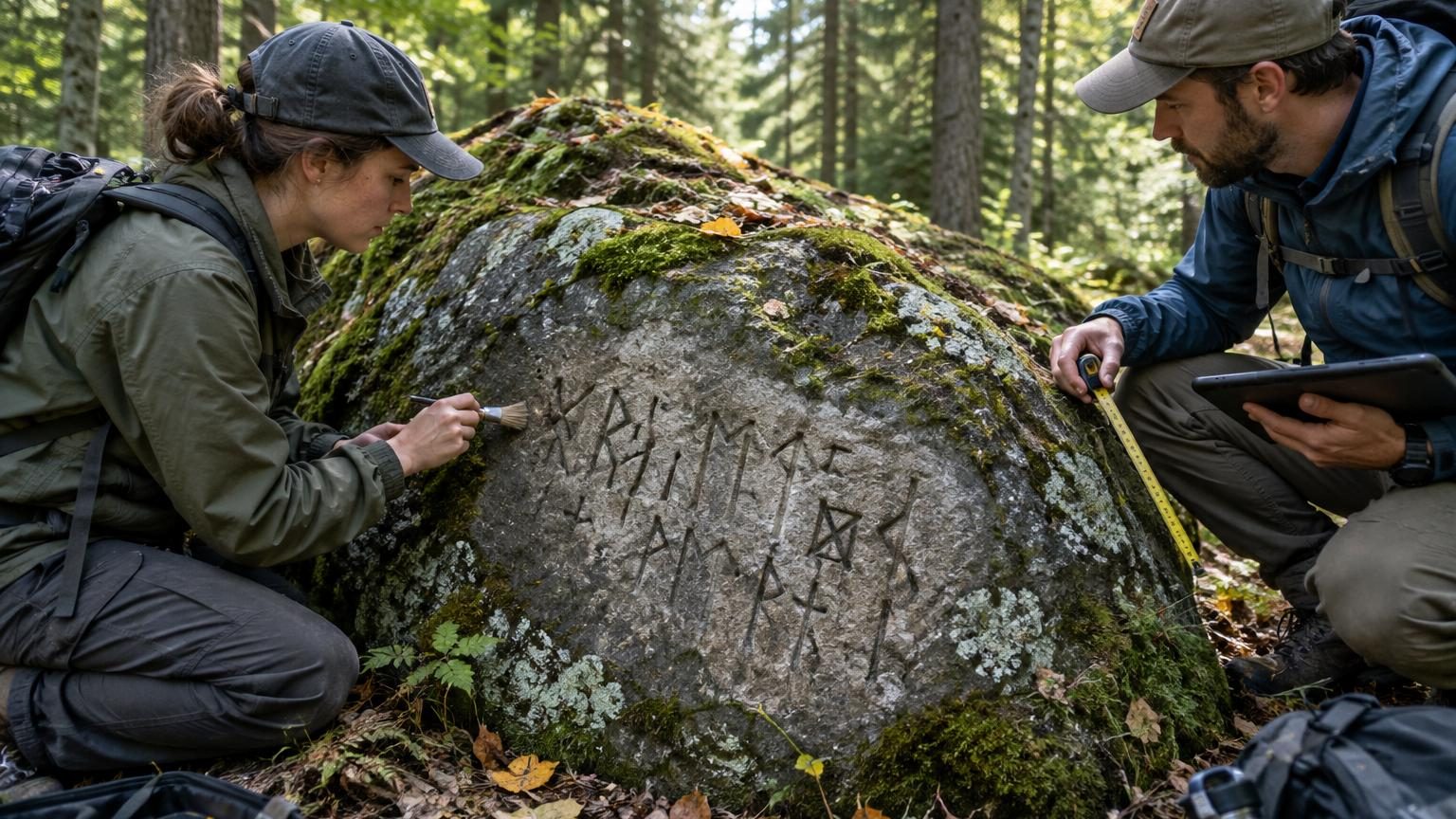 Dalle rocheuse gravée de symboles runiques anciens et d'un dessin de bateau en forêt ontarienne