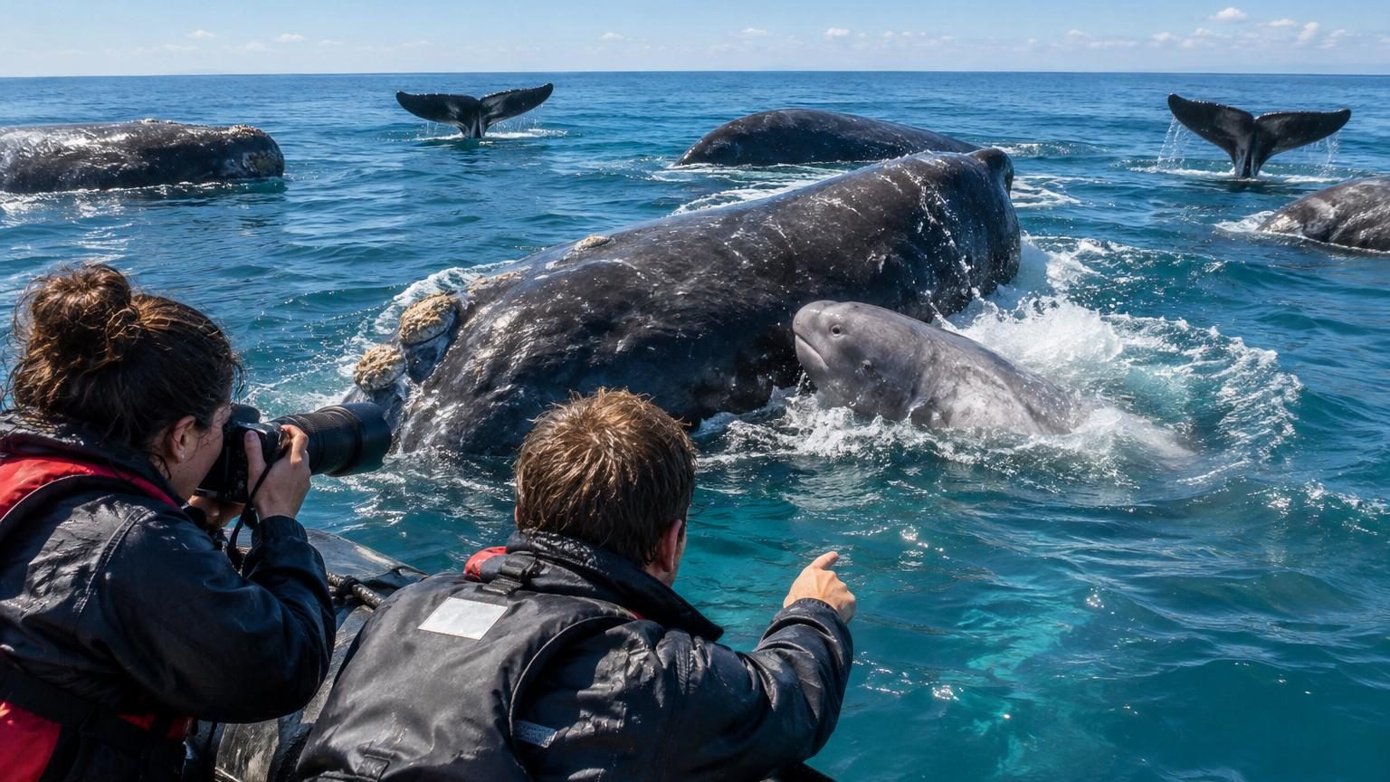 Un groupe de cachalots en surface de l'océan, plusieurs femelles positionnées autour d'un nouveau-né qu'elles maintiennent à flot collectivement.