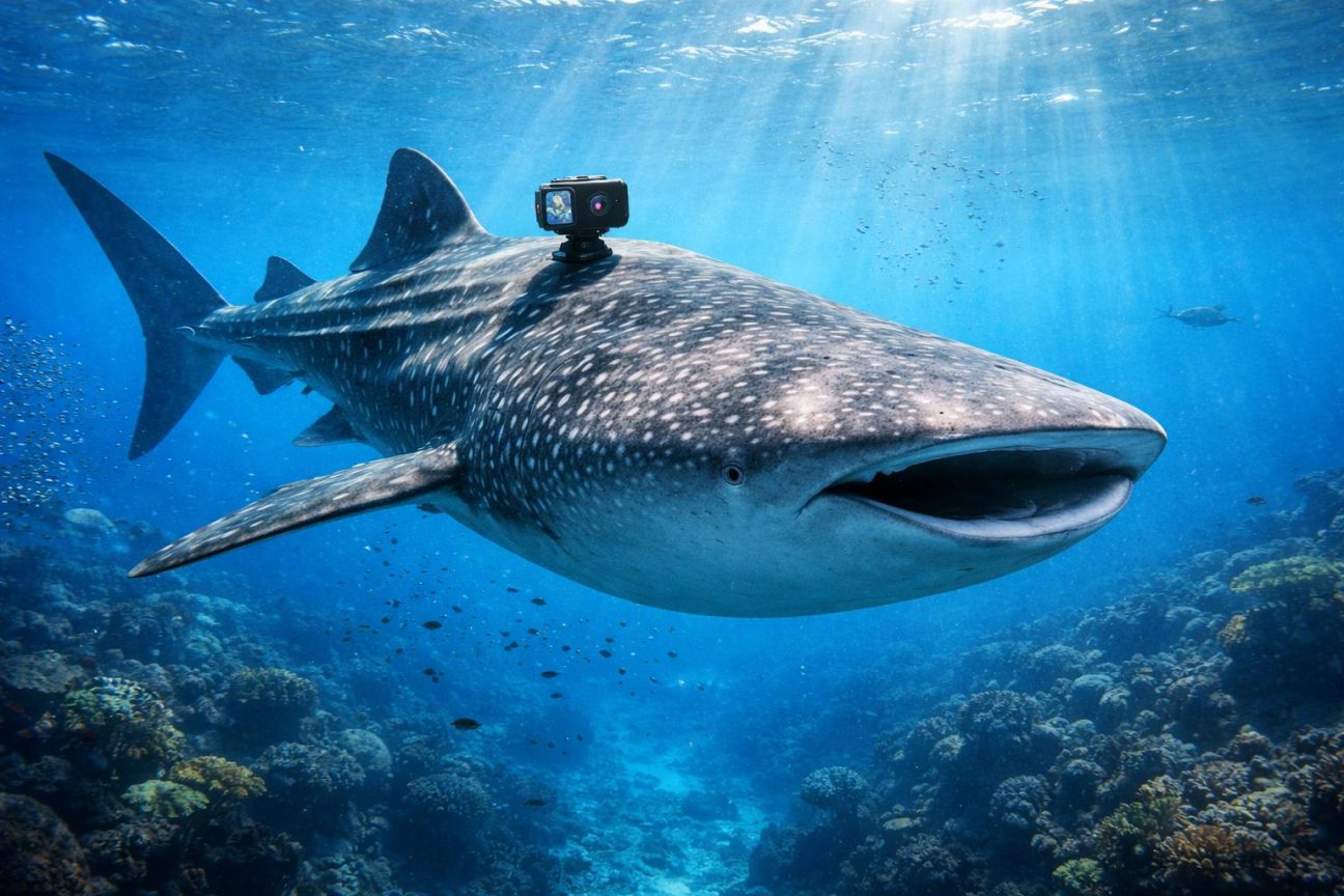 Un requin-baleine de profil, bouche ouverte en train de filtrer le plancton sous la surface de l'océan, avec une petite caméra noire fixée sur son dos.