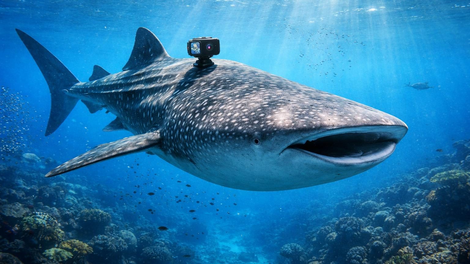 Un requin-baleine de profil, bouche ouverte en train de filtrer le plancton sous la surface de l'océan, avec une petite caméra noire fixée sur son dos.