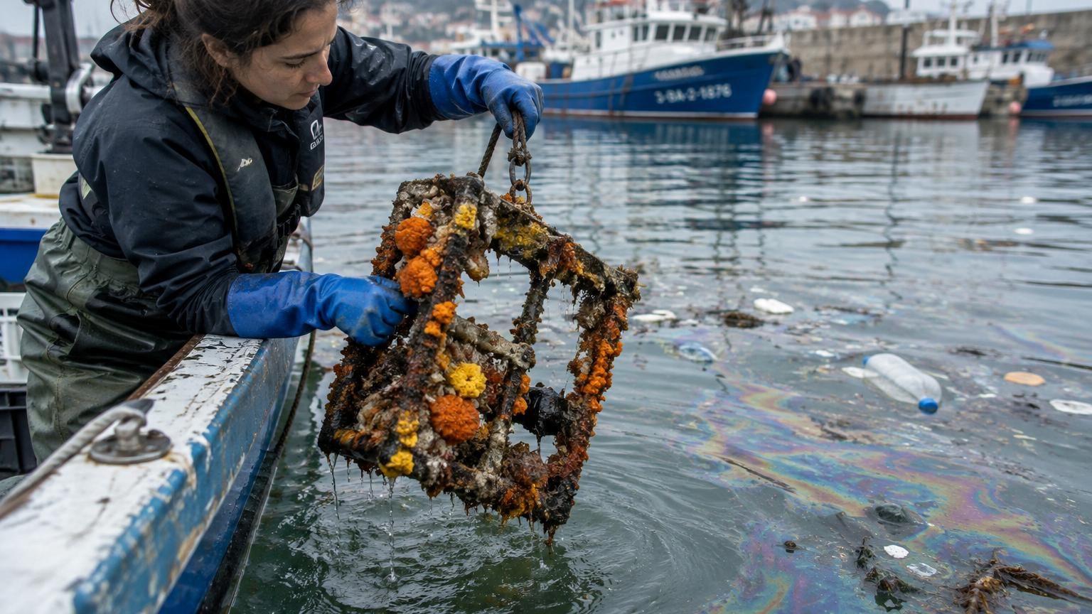 Éponges marines fixées sur des supports métalliques immergés dans un port urbain pollué, entourées d'eau teintée d'hydrocarbures et de débris, illustrant l'expérience scientifique de 455 jours.