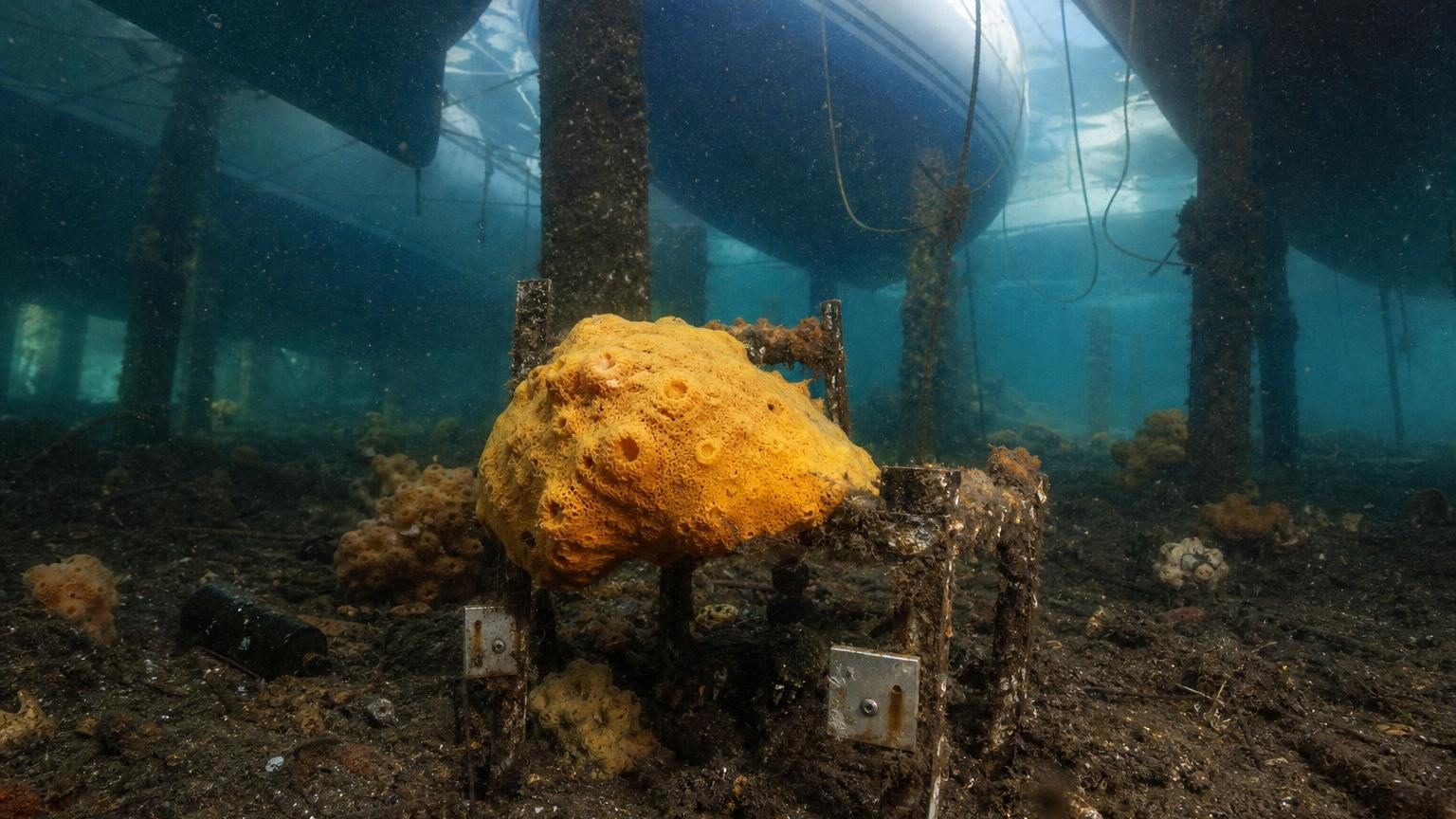 Éponges marines jaunes et oranges fixées sous l'eau trouble d'un port, photographiées à travers des cordages humides et des structures immergées polluées.