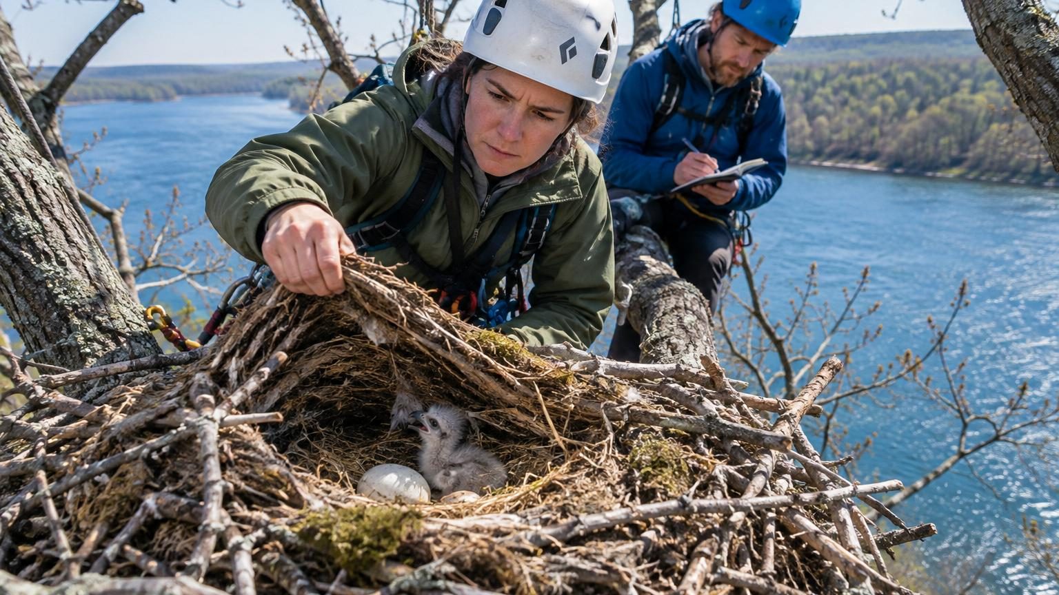 Quatre jeunes aigles à tête blanche dans un nid en hauteur au bord de la rivière, photographiés lors de leur inspection par des chercheurs scientifiques au Michigan.
