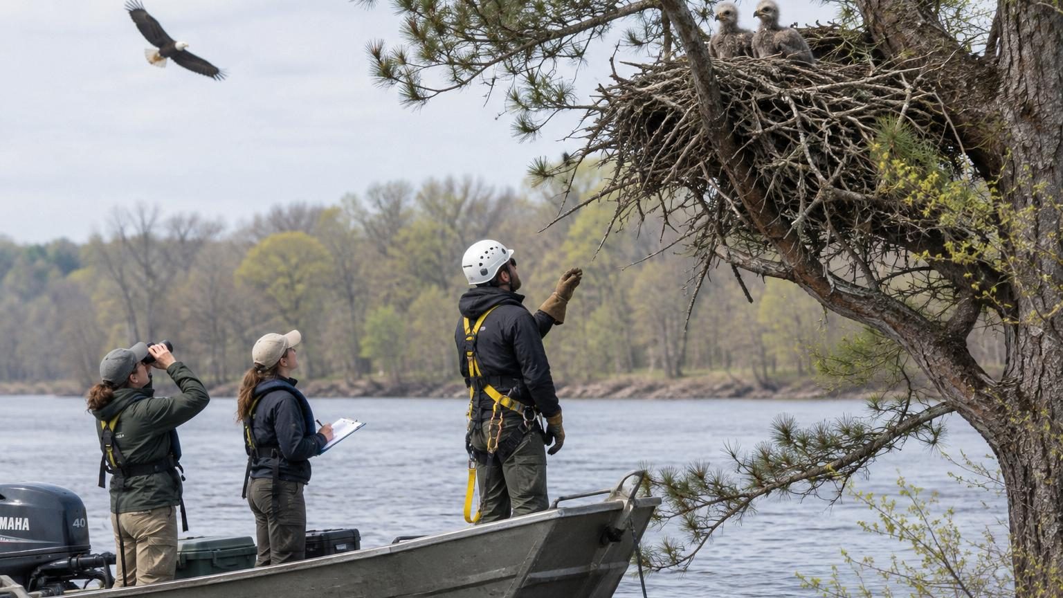 Équipe de scientifiques inspectant un nid de pygargue à tête blanche contenant quatre jeunes poussins au bord de la Grand River au Michigan.