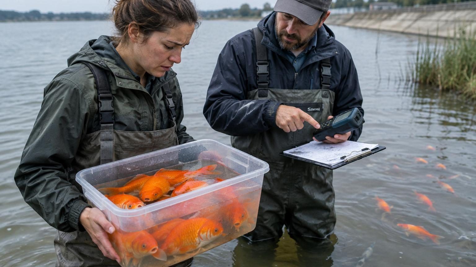 Poisson rouge de grande taille au fond d'un plan d'eau avec sédiments en suspension, illustrant les dégâts causés aux écosystèmes aquatiques.