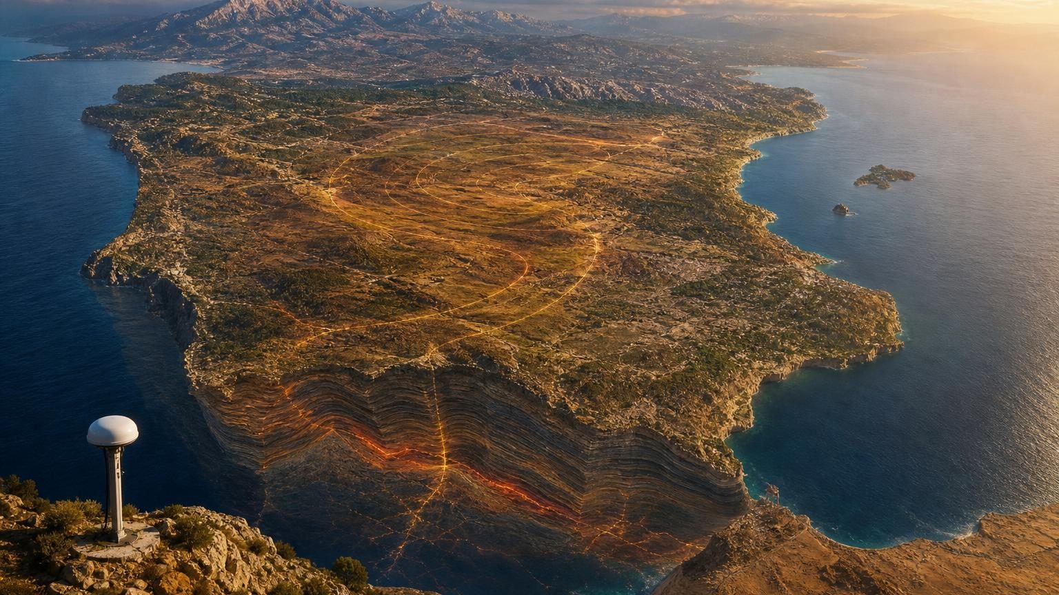 Représentation schématique des plaques tectoniques autour de la péninsule Ibérique, montrant le pivot lent entre la plaque eurasienne et les pressions africaines, avec des stations GPS mesurant les millimètres annuels de déplacement.