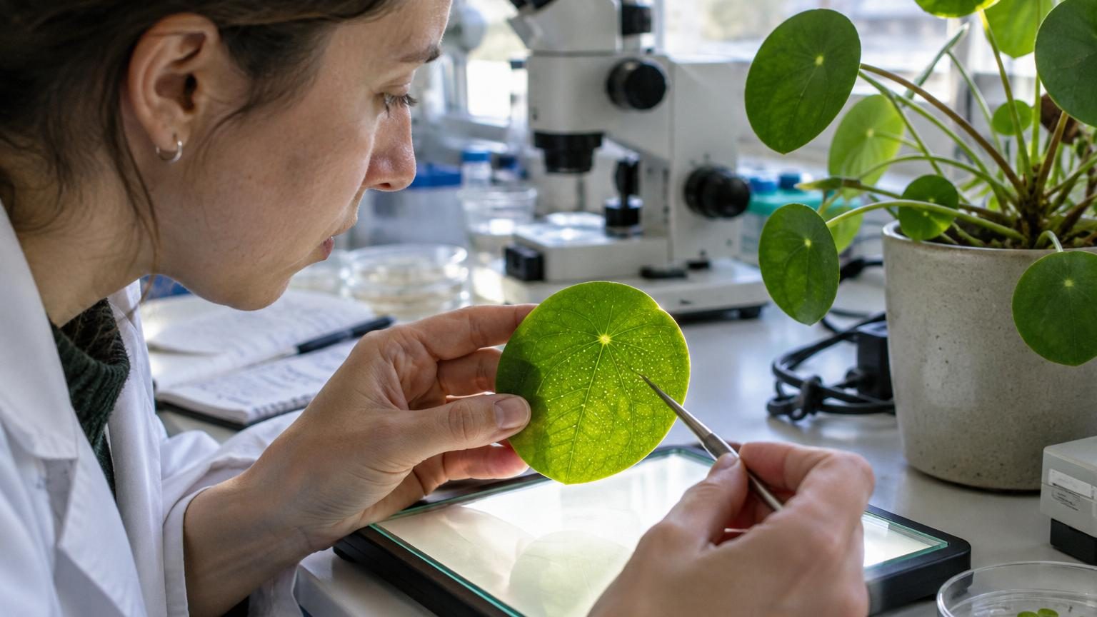 Feuille ronde de pilea vue au microscope, révélant un motif géométrique d'estomates organisés selon une structure mathématique de Voronoï.