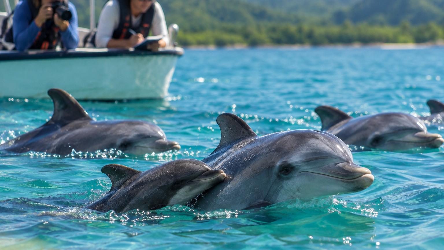 Un groupe de grands dauphins en Polynésie française nageant avec un jeune baleineau de baleine à tête de melon adopté, montrant l'intégration du petit d'une autre espèce parmi les dauphins.