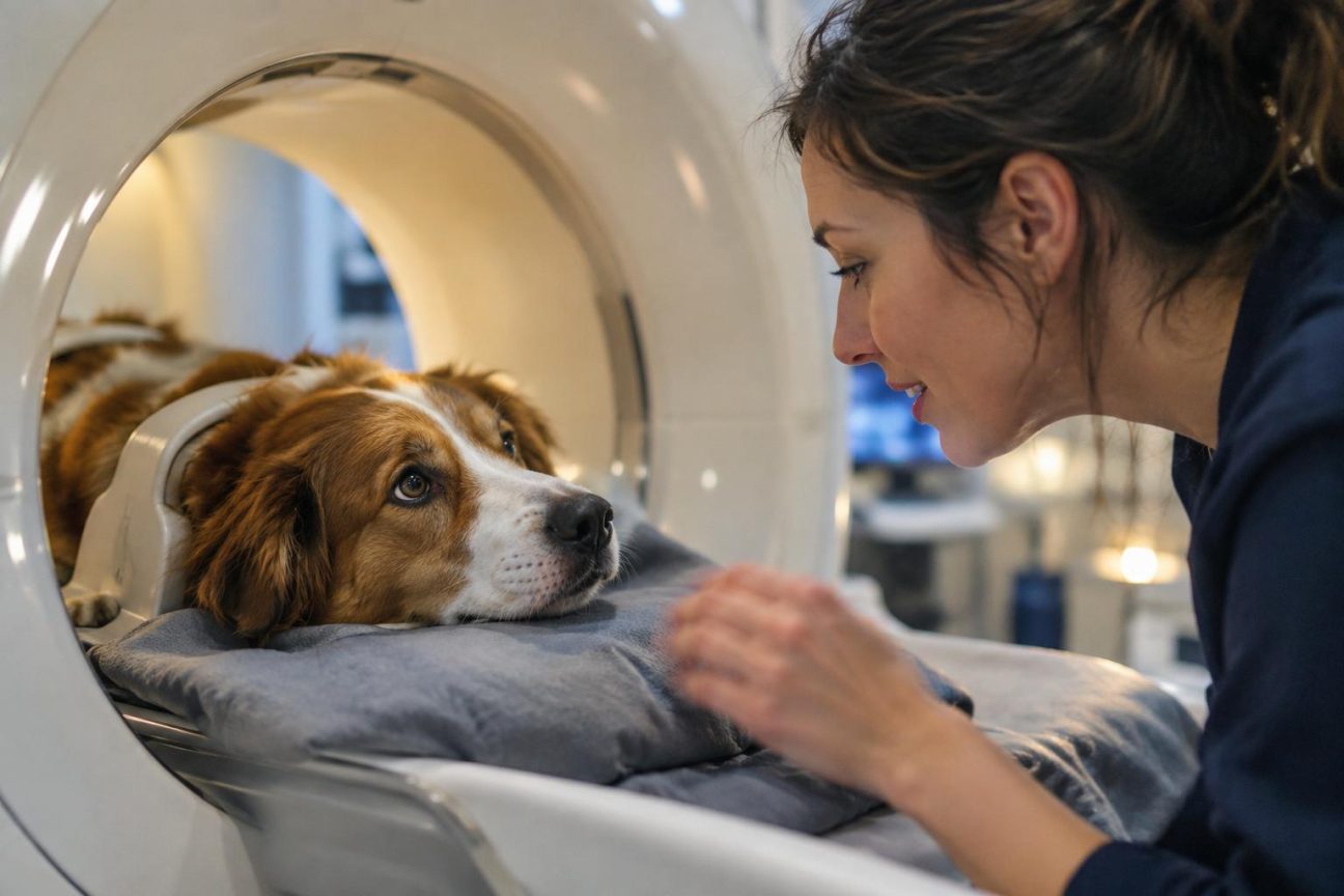 Un chien allongé à l'intérieur d'un scanner IRM, la tête stabilisée, écoutant des enregistrements audio de voix humaines pour une étude neuroscientifique.