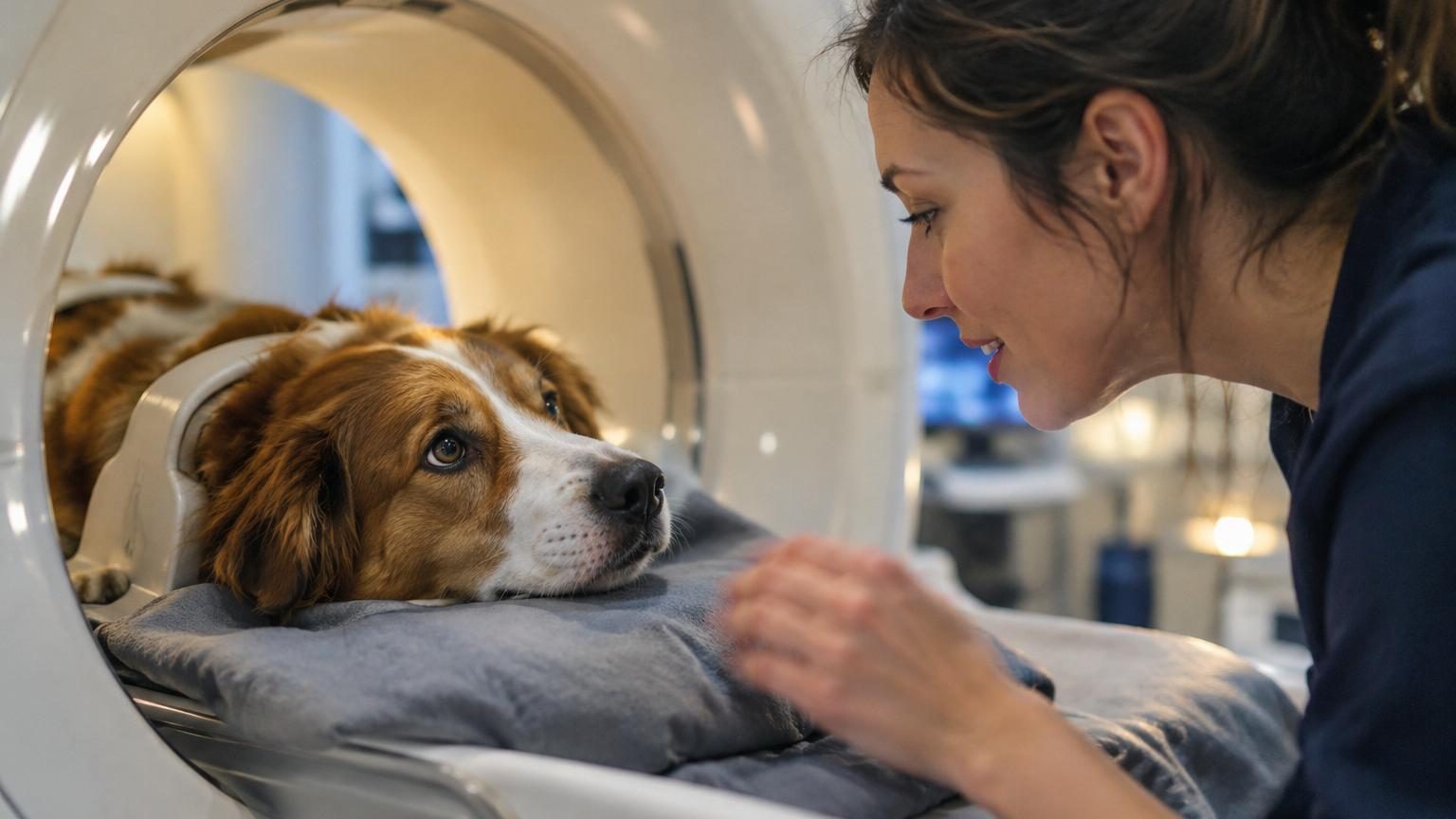 Un chien allongé à l'intérieur d'un scanner IRM, la tête stabilisée, écoutant des enregistrements audio de voix humaines pour une étude neuroscientifique.